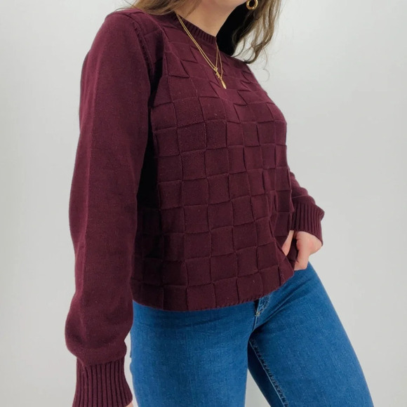 vintage moody burgundy basket weave textured crewneck sweater 100% cotton size s - Picture 7 of 8